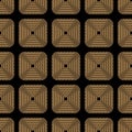 Art deco design. Abstract geometric seamless pattern with golden squared ornament on black background. Vintage