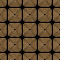 Art deco design. Abstract geometric seamless pattern with golden squared ornament on black background. Vintage decorative texture