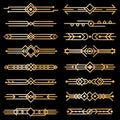 Art deco dividers. Gold deco design lines, golden book header borders. 1920s victorian vintage elements on black. Vector