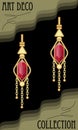 Art deco earrings with ruby gems isolated on black background,