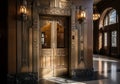 Art Deco elevator features ornate brass doors with intricate geometric and floral patterns. Flanked Royalty Free Stock Photo