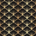 Art deco fan gold. Seamless pattern golden nouveau. Gatsby gold texture. Vintage scale ornate background. Classic great style. Roa