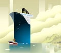 Art deco ferry ship and boat vector illustration.