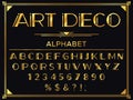 Art deco font. Golden 1920s decorative letters, vintage fashion typography and old gold alphabet vector set
