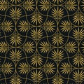 Art Deco Geometric Golden Palm Leaves seamless Pattern on scallop shapes over black background.