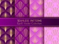 Art deco geometric seamless patterns set with geometric shapes and thin gold lines grid