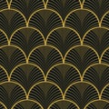 Art deco golden fans on black background seamless pattern.
