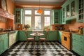 Art Deco historic kitchen with bright, eye-catching appliances and retro furniture.