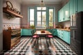 Art Deco historic kitchen with bright, eye-catching appliances and retro furniture
