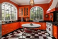 Art Deco historic kitchen with bright, eye-catching appliances and retro furniture.