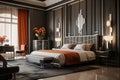 an art deco-inspired bedroom, featuring a sleek metal bed frame