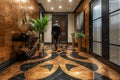 Art Deco-inspired entryway with bold geometric patterns and metallic finishes