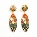 Art Deco Inspired Gold Plated Earrings With Painted Women