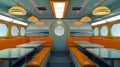 Art deco interior design sleek orange seats, blue glossy flooring, circular windows