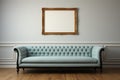 Art deco interior with exquisite blue sofa and blank frame for poster mockup. Generative AI