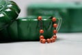 Art deco jade glass jar with sea coral beads necklace detail Royalty Free Stock Photo