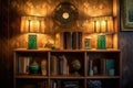 art deco lamps illuminating a vintage bookshelf