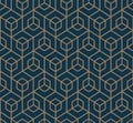 Art deco line art. Cube grid pattern in gold and blue color. Decorative seamless background.