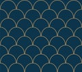Art deco line art. Fish scales grid pattern in gold and blue color. Decorative seamless background. Royalty Free Stock Photo