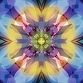 ART DECO MANDALA. PASTEL COLORS PALLET. ABSTRACT BLUE BACKGROUND. CENTRAL IMAGE IN YELLOW, PURPLE, WHITE