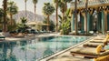 Art Deco Oasis Step into a mesmerizing desert oasis with an Art Deco twist featuring a palatial pool surrounded by