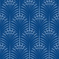 Art deco palm leaves geometry arch blue seamless pattern.