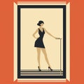 art deco poster of a woman in a black dress holding a cane