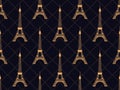 Art deco seamless pattern with eiffel tower. Gold color. Places of interest in Paris, France. Style of the 1920s - 1930s