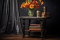 art deco side table with a vase of flowers and books