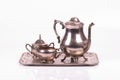 Art deco silver sugar bowl and teapot on a tray