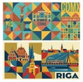 Geometric Art Deco Style CDMX and Riga Cityscape Banner Royalty Free Stock Photo