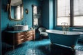 Art Deco-style bathroom with bright, eye-catching retro-look furniture and free-standing bathtub