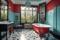 Art Deco-style bathroom with bright, eye-catching retro-look furniture and free-standing bathtub.