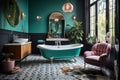 Art Deco-style bathroom with bright, eye-catching retro-look furniture and free-standing bathtub.