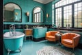 Art Deco-style bathroom with bright, eye-catching retro-look furniture and free-standing bathtub