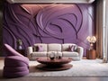 Art deco style interior design of modern living room with violet stone 3d panel wall and round furniture