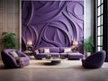 Art deco style interior design of modern living room with violet stone 3d panel wall and round furniture
