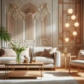 art deco style living room interior with cozy beige couch, modern minimalist design of apartment