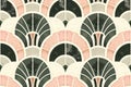 Art Deco style pattern, with simple shapes and lines in olive green and muted pink accents, geometric arches