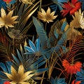 Art Deco-style pattern of stylized palm leaves in metallic gold and jewel tones. AI Generated