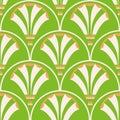 Art Deco stylized floral scale vector seamless pattern background. Green beige orange abstract 1920s geometric Royalty Free Stock Photo