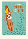 Art deco surf poster in vector. Summer beach surfing girl illustration. Love the ocean . Flat style .