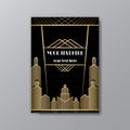 Art Deco template golden-black, A4 page, menu, card, invitation, Sun and city lights in a Art Deco/Art Nuvo style, beautiful Royalty Free Stock Photo