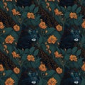 Art deco vintage seamless pattern, black panthers and palm leaves ornaments