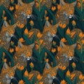 Art deco vintage seamless pattern, bobcats and leaves ornaments Royalty Free Stock Photo