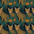 Art deco vintage seamless pattern, bobcats and leaves ornaments Royalty Free Stock Photo