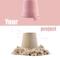 Art design collage pink decorative sand bucket. Empty space for text