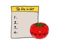 To do list on paper and tomato clock hand drawn Pomodoro Technique time management method concept. Royalty Free Stock Photo