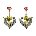 Swan and dragon couple heart earrings.