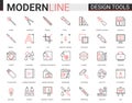 Art design tool flat thin red black line icons vector illustration set, outline professional creative artistic studio